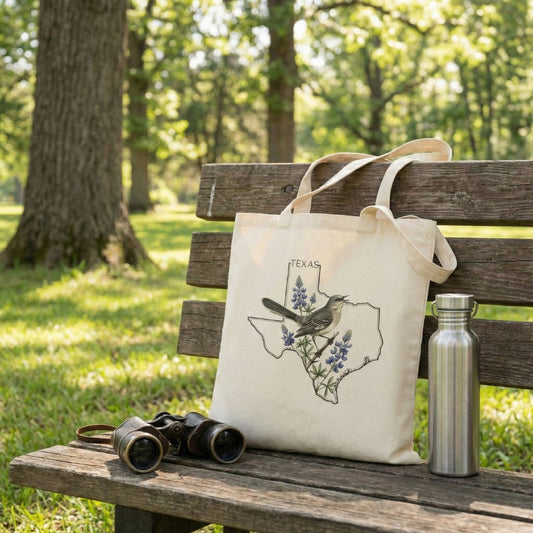 Tote bag with Texas mockingbird design on a wooden bench next to binoculars and a water bottle, in a park