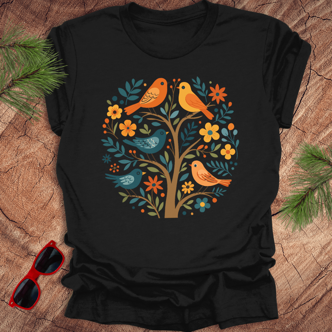 Black t-shirt with colorful bird and tree design on a wooden surface with sunglasses and pine branches.