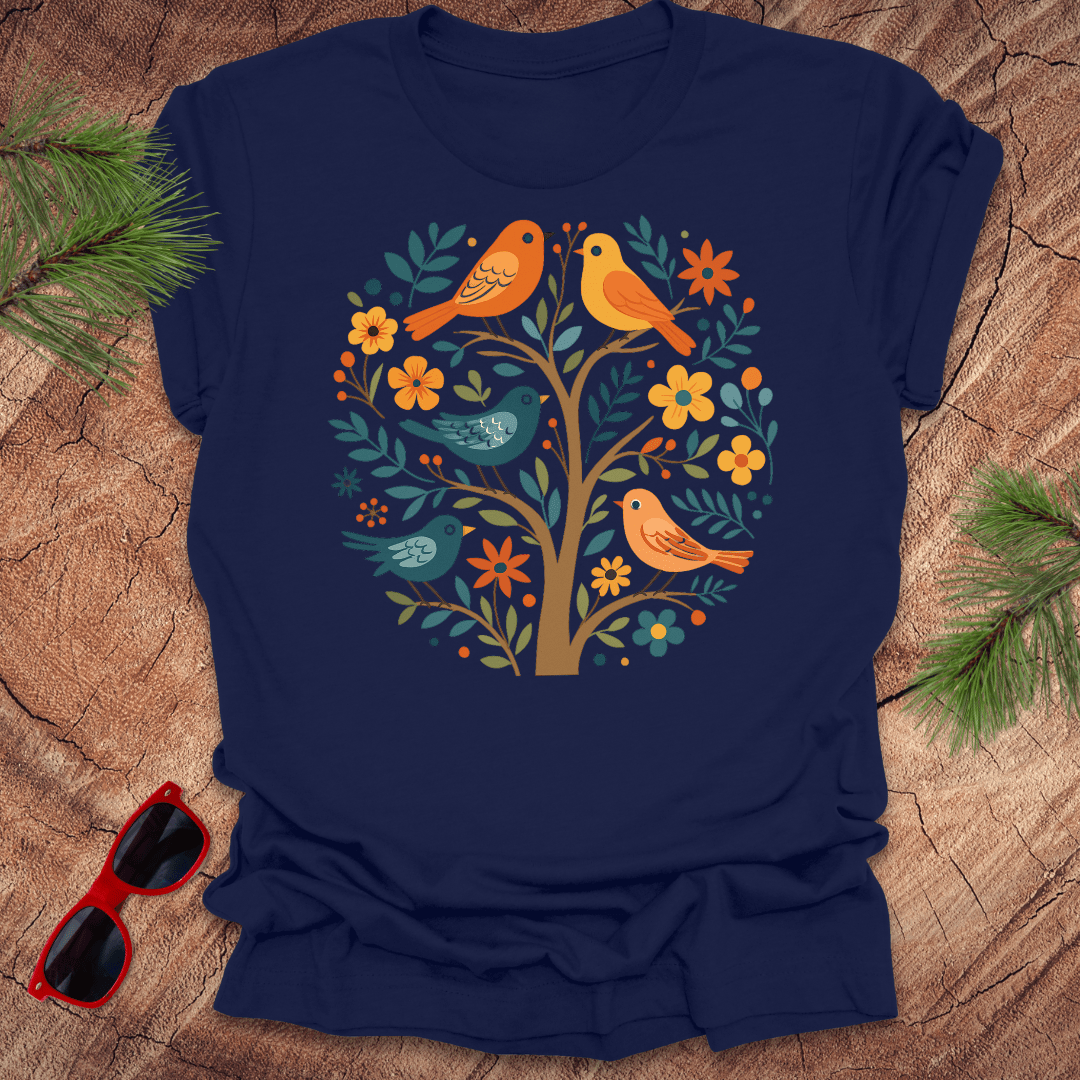 Navy blue t-shirt with a colorful tree and birds design on a wooden surface with sunglasses.