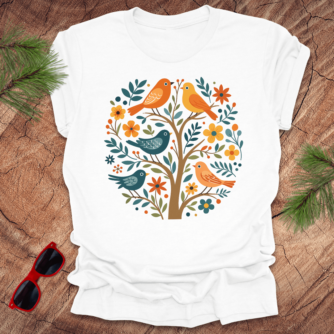 White t-shirt with a colorful bird and floral design on a wooden surface with sunglasses.