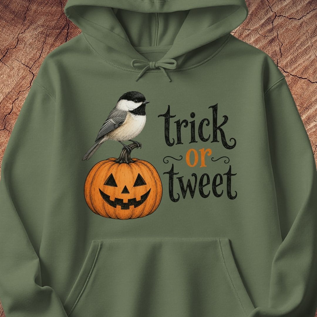 An olive green pullover hoodie with a front graphic showing a black-capped chickadee perched on a carved orange pumpkin next to the text 'trick or tweet' in black and orange lettering, displayed against a textured brown wood background.