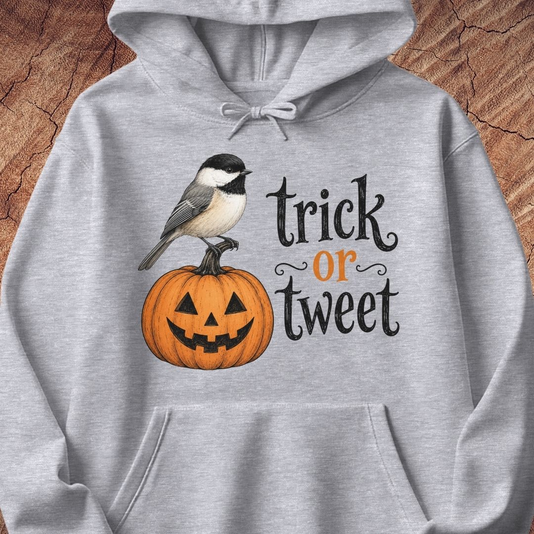 A light heather gray pullover hoodie featuring a graphic print of a black-capped chickadee perched on a carved orange pumpkin next to the text 'trick or tweet' in black and orange lettering, displayed against a rustic wood background.