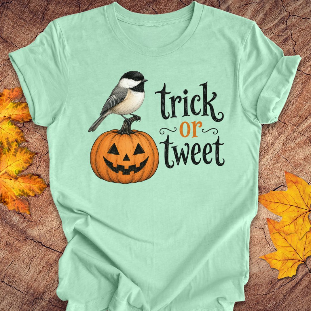 A mint green graphic t-shirt laid flat on a rustic wood background with autumn leaves. The shirt features a cartoon illustration of a black-tipped chickadee perched on a carved orange jack-o'-lantern pumpkin, next to the text 'trick or tweet' in black and orange lettering.