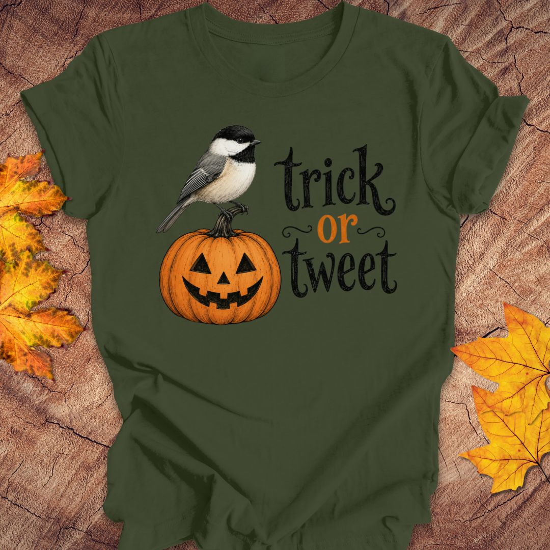 An olive green short-sleeve t-shirt with a 'Trick or Tweet' Halloween graphic, featuring a black-capped chickadee perched on a jack-o'-lantern, displayed on a rustic wood background with autumn leaves.