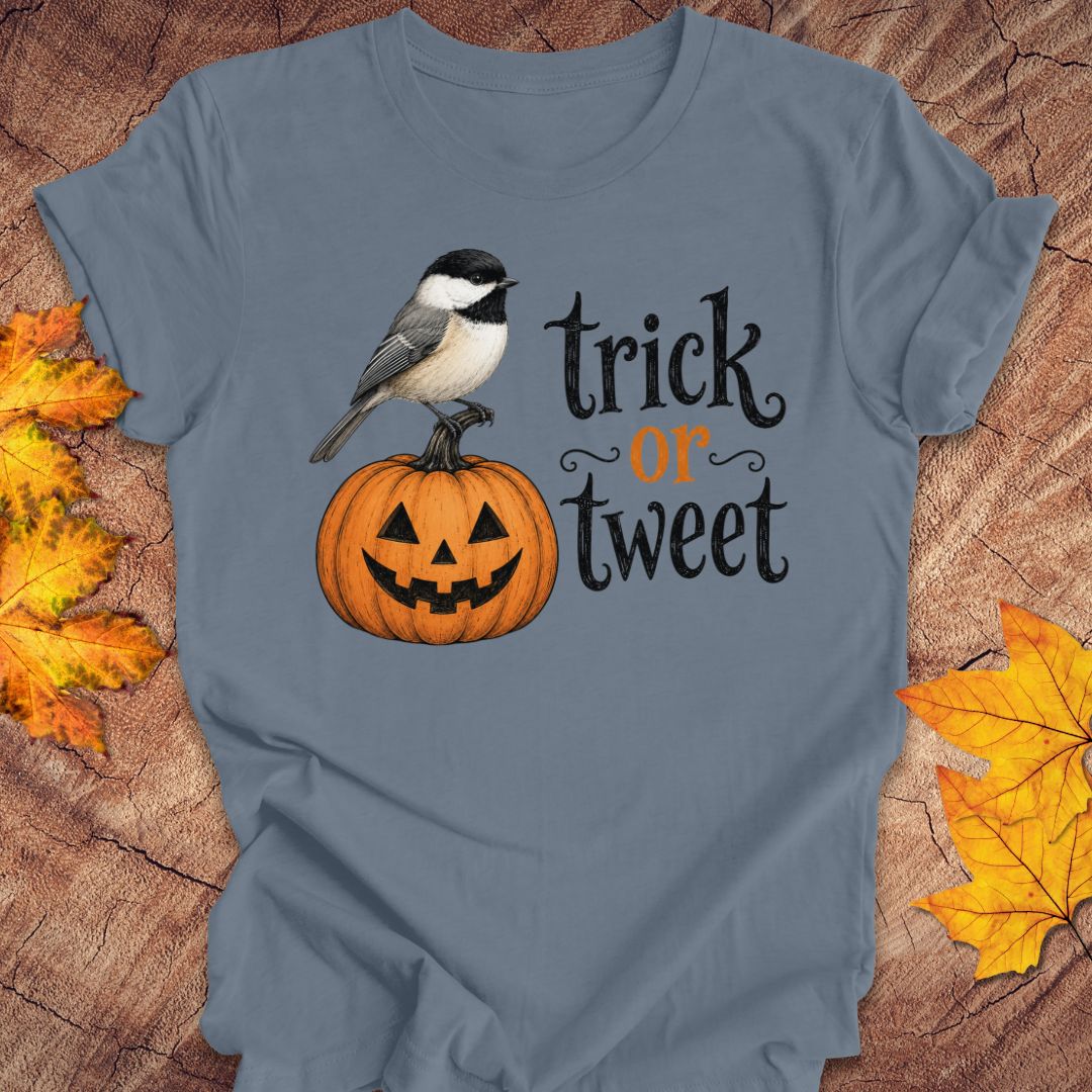 A slate blue graphic t-shirt laid flat on a rustic wood background with autumn leaves. The graphic features a cute black-and-white chickadee perched on a carved orange jack-o'-lantern pumpkin next to the text 'trick or tweet' in black and orange lettering.