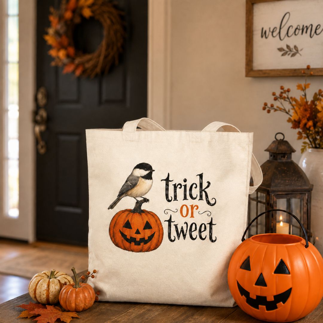 A cream canvas tote bag with a black and white bird perched on a carved orange pumpkin and the words 'trick or tweet' in black and orange lettering, displayed on a wooden table in a decorated home entryway with pumpkins and a lantern.