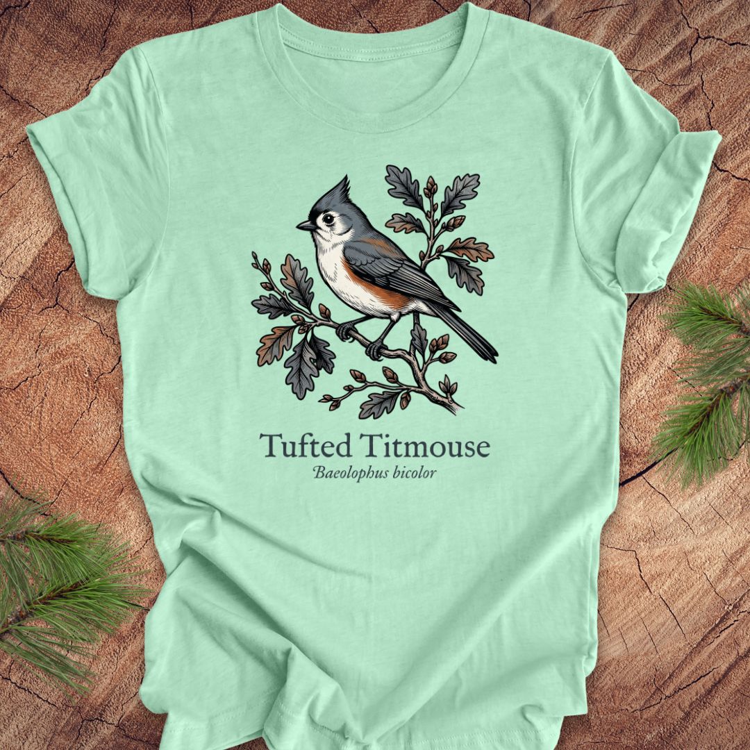 Light green t-shirt with a tufted titmouse illustration on a wooden surface