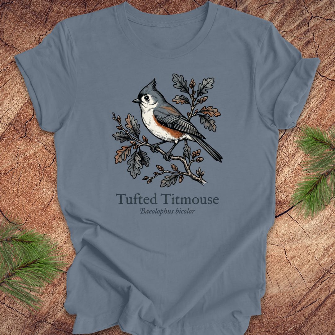Blue t-shirt with tufted titmouse design on a wooden surface