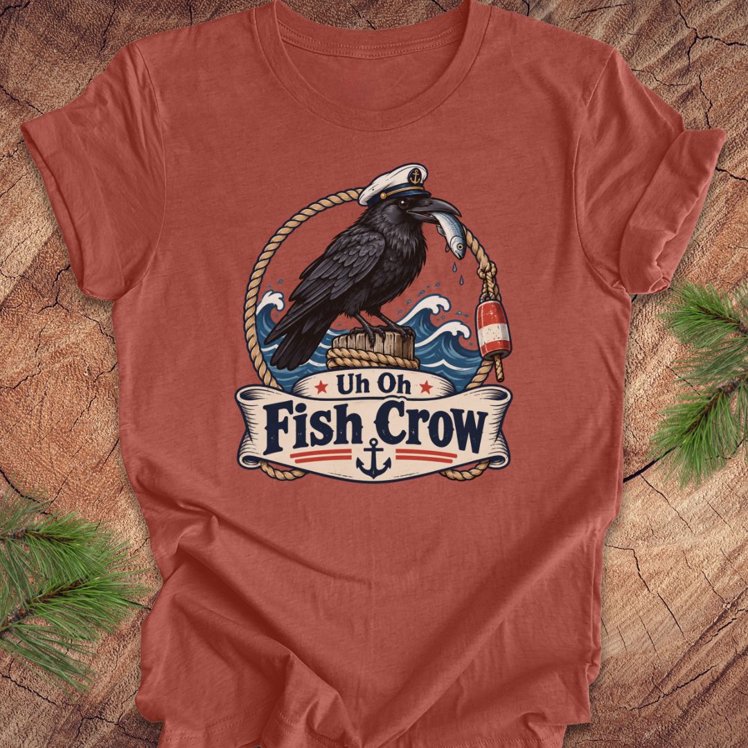 A rust-colored crewneck t-shirt featuring a detailed graphic of a black raven carrying a fish on its beak, framed by ropes and waves, with a banner below reading 'Uh Oh Fish Crow'. The shirt is laid flat on a rustic wood background with pine branches in the corners.
