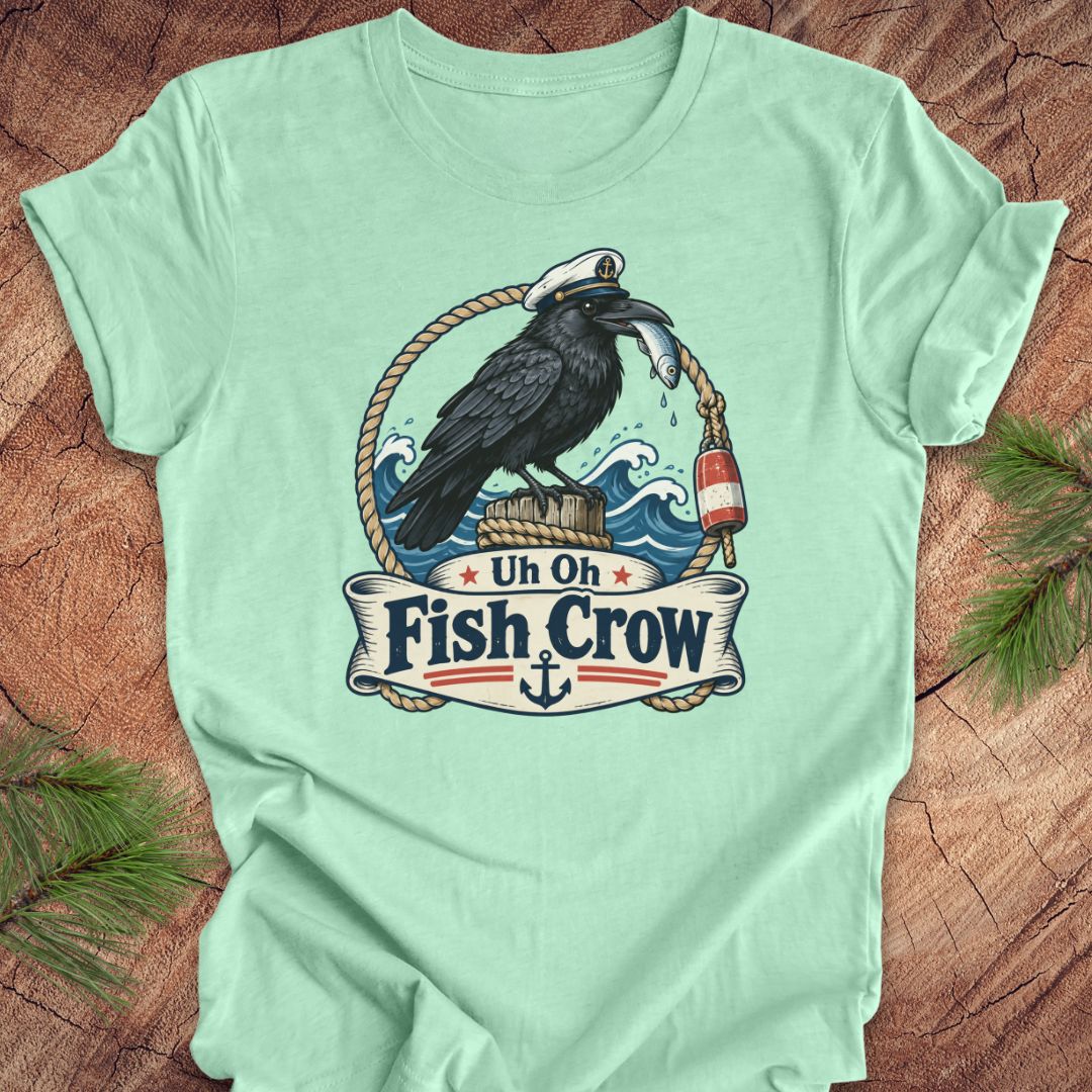 A mint green short-sleeve t-shirt with a detailed graphic of a black raven wearing a captain's hat and holding a silver fish, perched on a wooden post with ropes and waves. Below the illustration is a banner reading 'Uh Oh Fish Crow' with an anchor at the bottom.