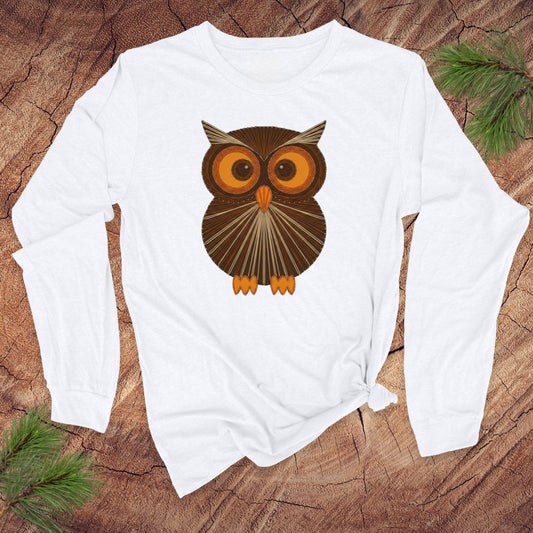 White long-sleeve shirt with an vintage string art owl design on a wooden surface