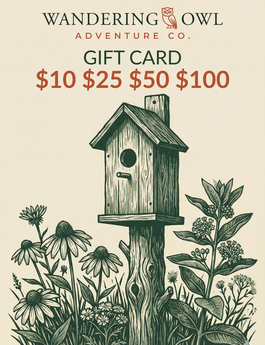 Wandering Owl Adventure Co gift card featuring a birdhouse and flowers, with text of amounts available.