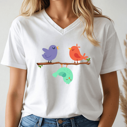 White v-neck t-shirt with colorful birds design worn by a person