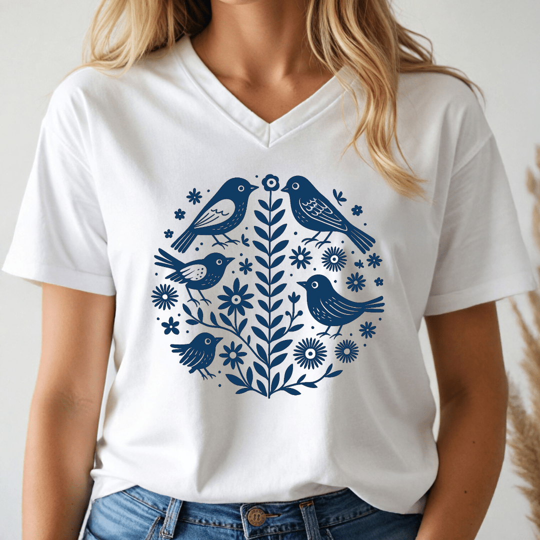 White T-Shirt with a Bird and flower folk design, worn by a person with a neutral background.