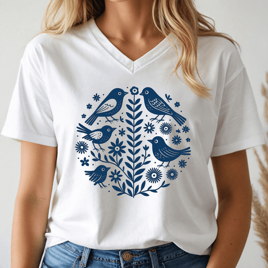 White T-Shirt with a Bird and flower folk design, worn by a person with a neutral background.