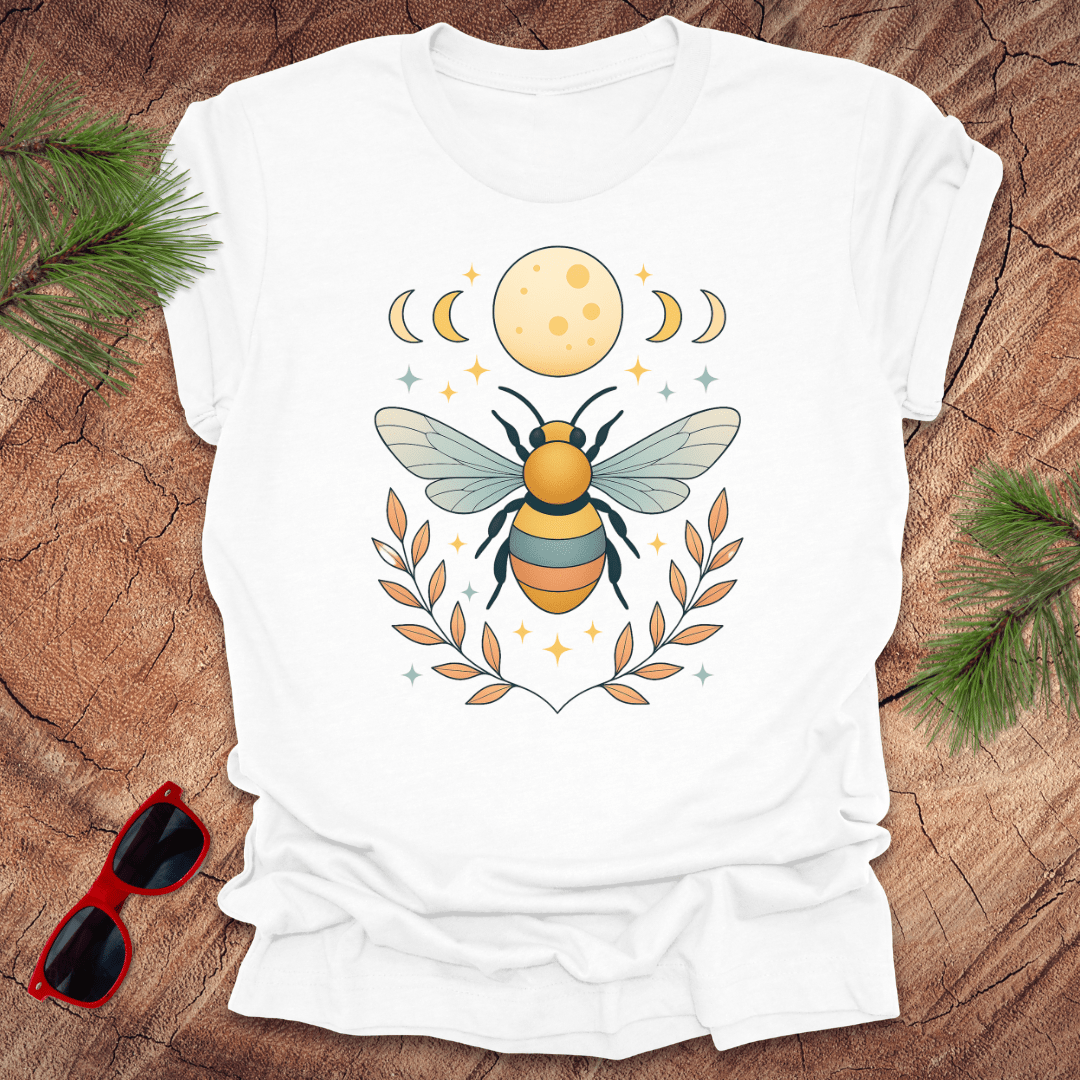 White tshirt with a bee and moon graphic on a wood background.