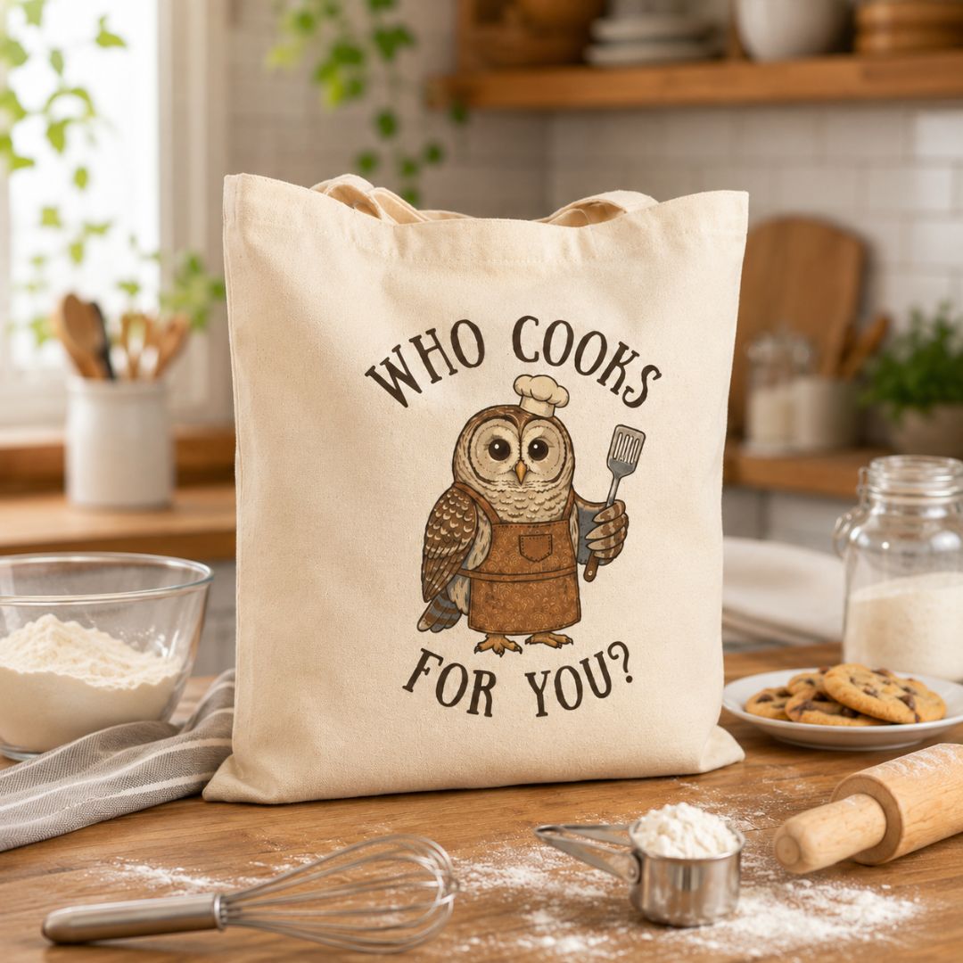 A cream canvas tote bag with a brown owl illustration wearing a chef's hat and apron, holding a spatula, with the text 'WHO COOKS FOR YOU?' printed on it. The bag is styled on a wooden kitchen counter surrounded by baking props like flour, a whisk, cookies, and a rolling pin.