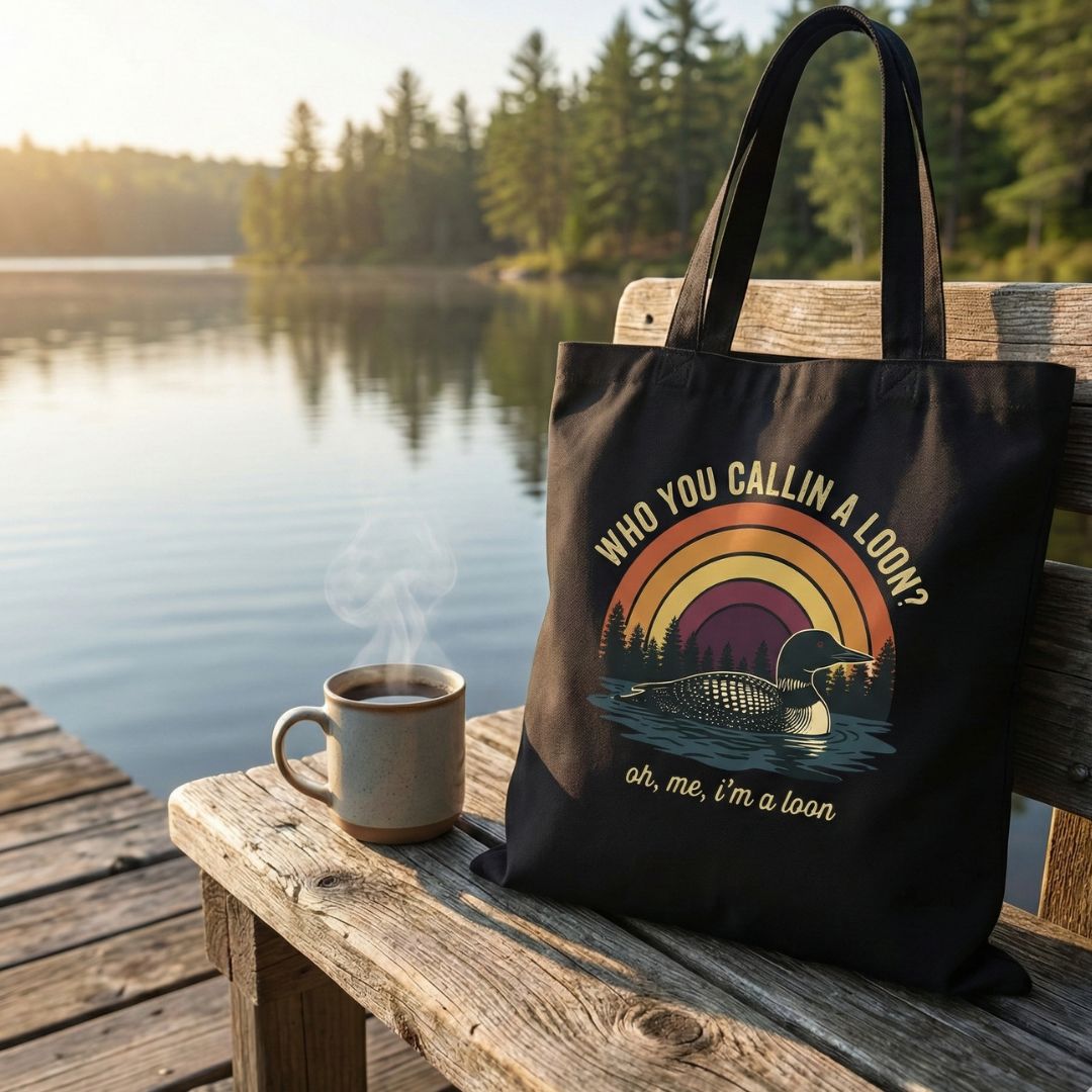 Black tote bag with a loon design and text by a lake