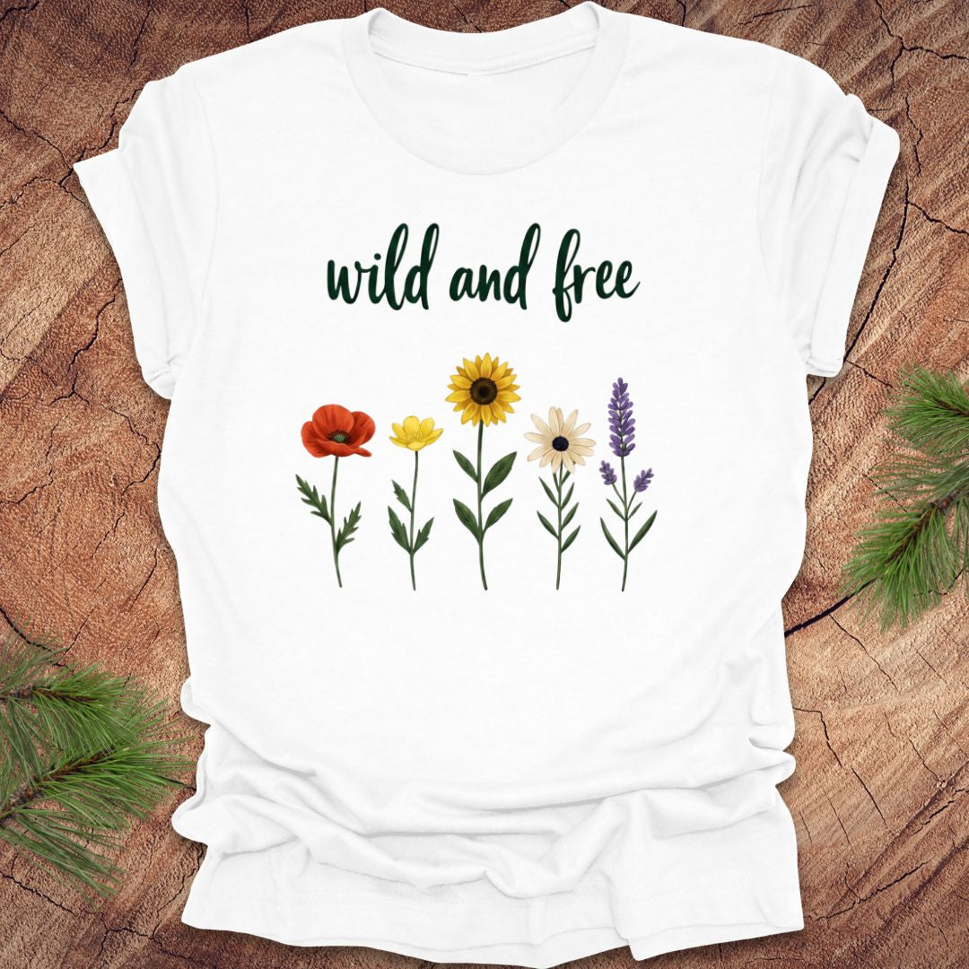 White t-shirt with floral designs and 'wild and free' text on a wooden surface.