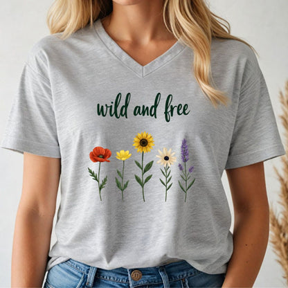 Person wearing a gray v-neck t-shirt with floral designs and 'wild and free' text.