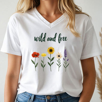 White v-neck t-shirt with floral design and 'wild and free' text worn by a person.