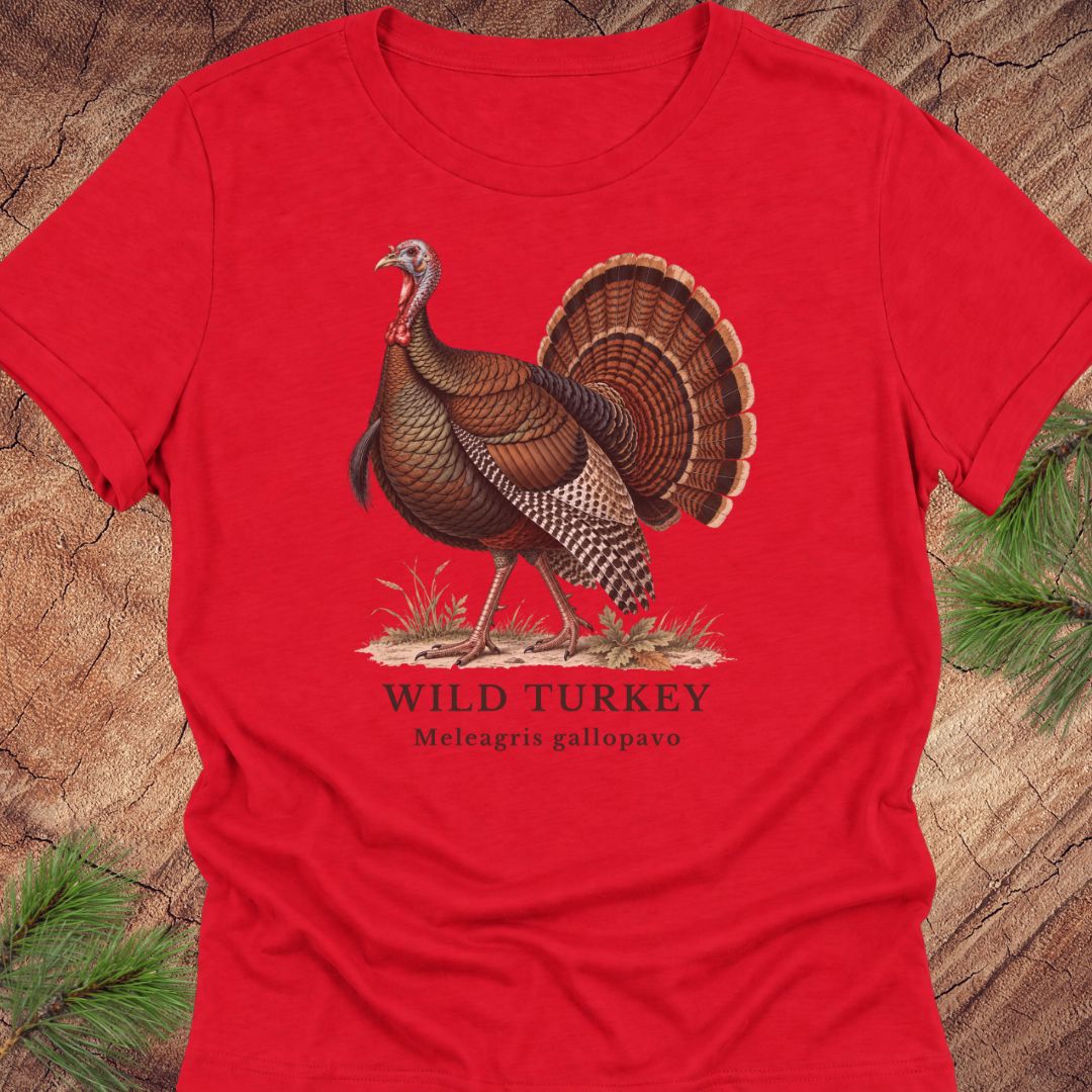 Red women's relaxed t-shirt with a vintage naturalist-style wild turkey illustration labeled 'Wild Turkey, Meleagris gallopavo', laid flat on a rustic wood background with pine branches.