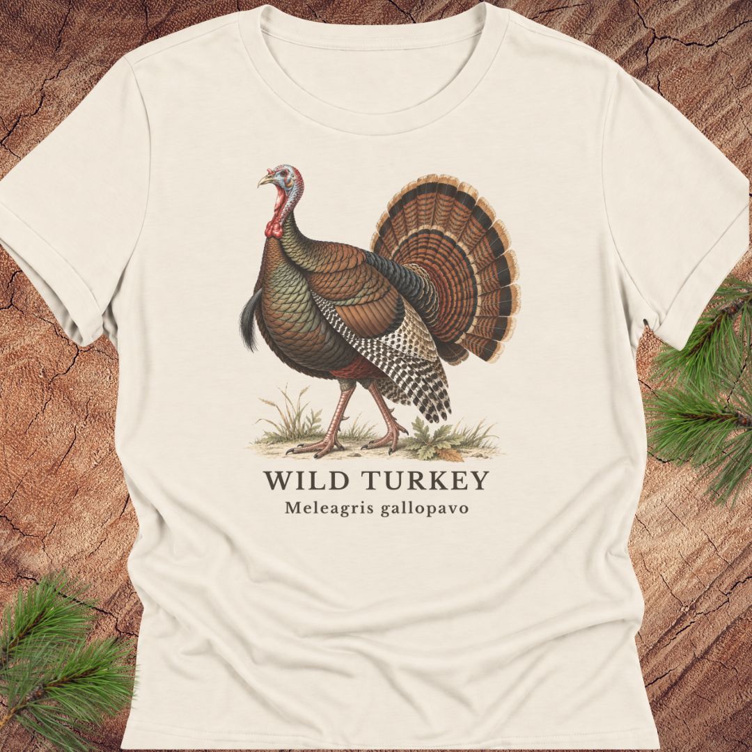 Natural cream women's relaxed t-shirt with a vintage naturalist-style wild turkey illustration labeled 'Wild Turkey, Meleagris gallopavo', laid flat on a rustic wood background with pine branches.