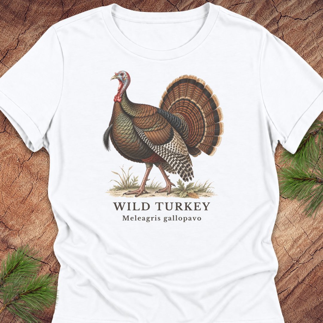 White women's relaxed t-shirt with a vintage naturalist-style wild turkey illustration labeled 'Wild Turkey, Meleagris gallopavo', laid flat on a rustic wood background with pine branches.