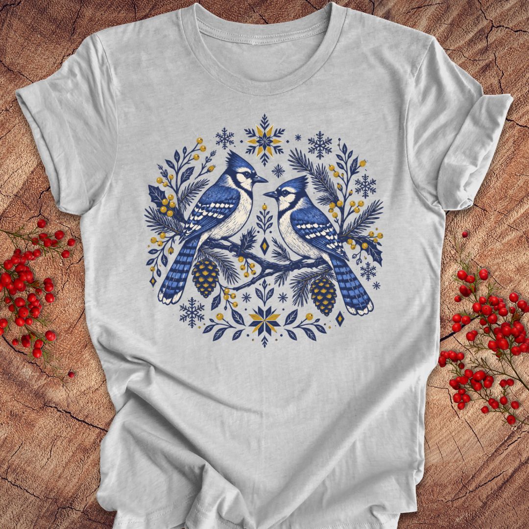 A light gray short-sleeve crewneck t-shirt featuring a detailed graphic of two blue jays surrounded by pinecones, pine needles, and snowflakes in blue, white, and yellow. The t-shirt is laid flat on a rustic wooden surface decorated with red berries.