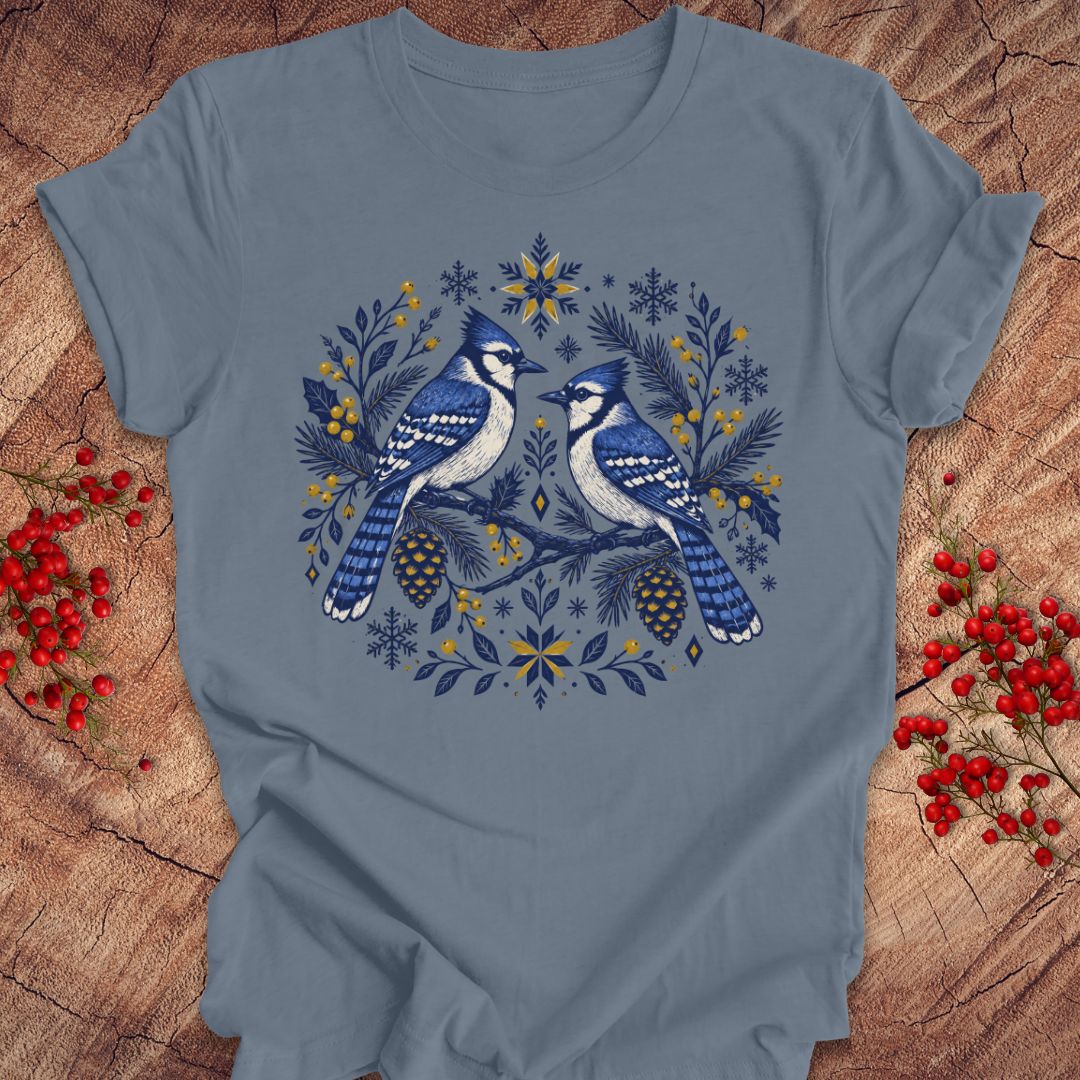 A slate blue crewneck t-shirt featuring a detailed graphic of two blue jays surrounded by pinecones, pine branches, and snowflakes in shades of blue, navy, and yellow. The t-shirt is displayed flat on a rustic wood background decorated with red berries.