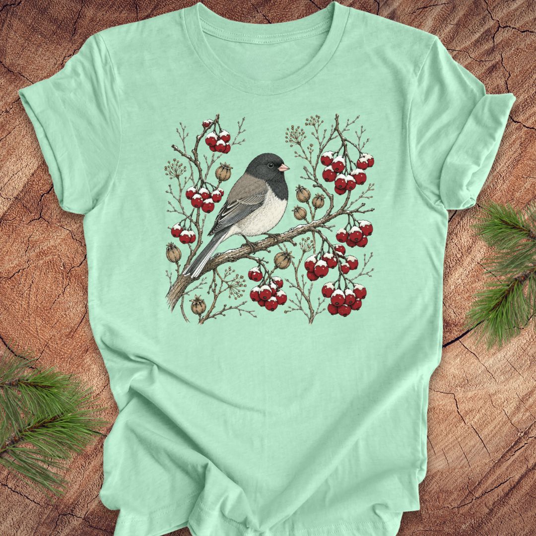 Mint green t-shirt with a dark eyed junco bird and berry design on a wooden surface