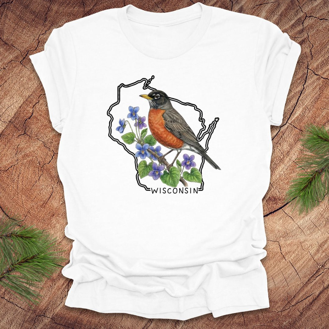 White t-shirt with a robin and Wisconsin outline design on a wooden surface.