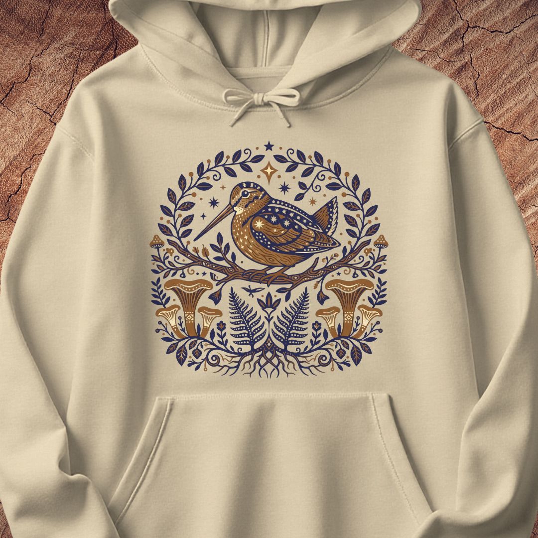 An off-white hooded sweatshirt featuring a detailed graphic print of a brown bird with blue patterned wings, surrounded by a circular wreath of blue leaves and ferns, set against a rustic wood background.