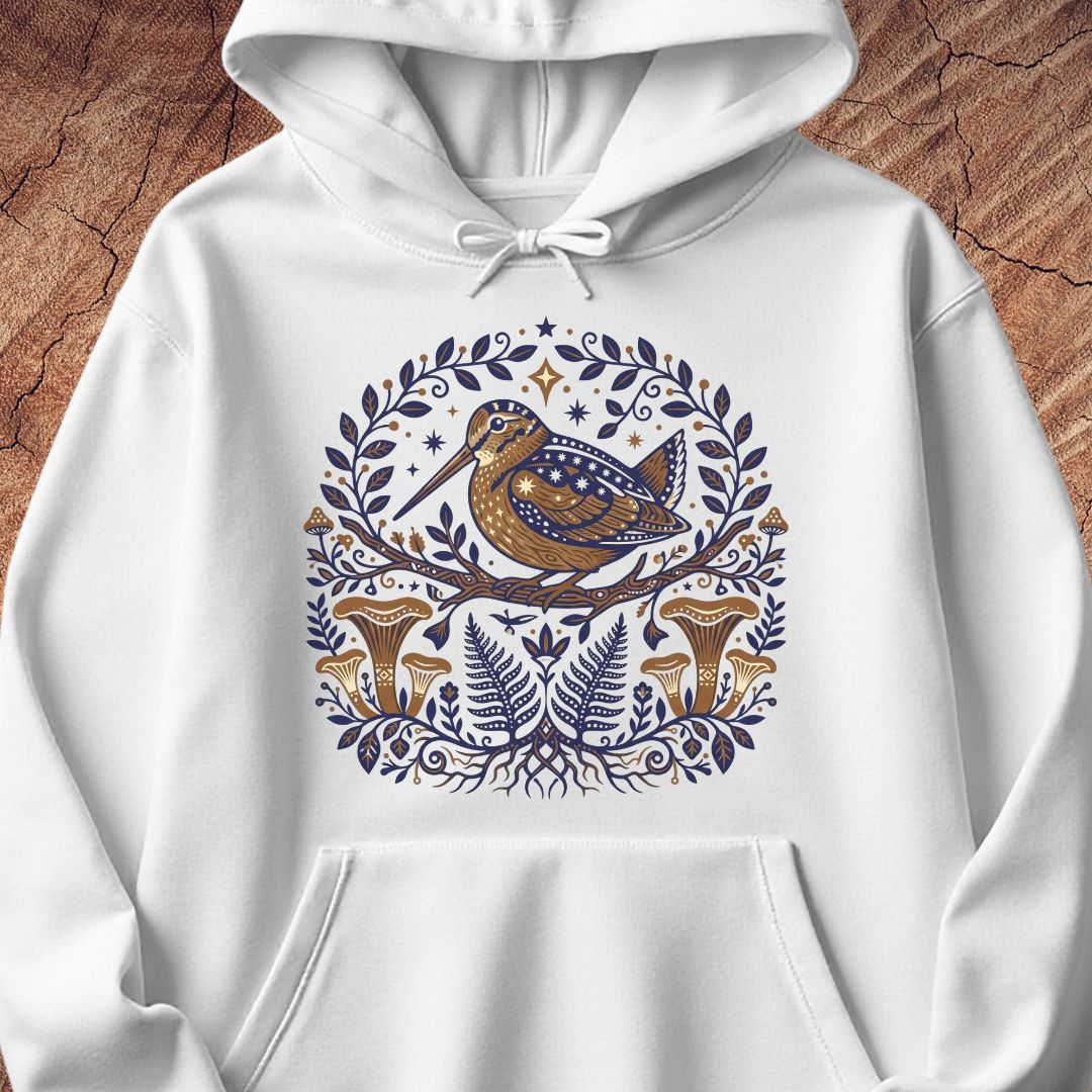 A white pullover hoodie with a detailed graphic print of a brown bird perched on a branch surrounded by blue foliage and gold mushrooms, displayed against a rustic wood background.