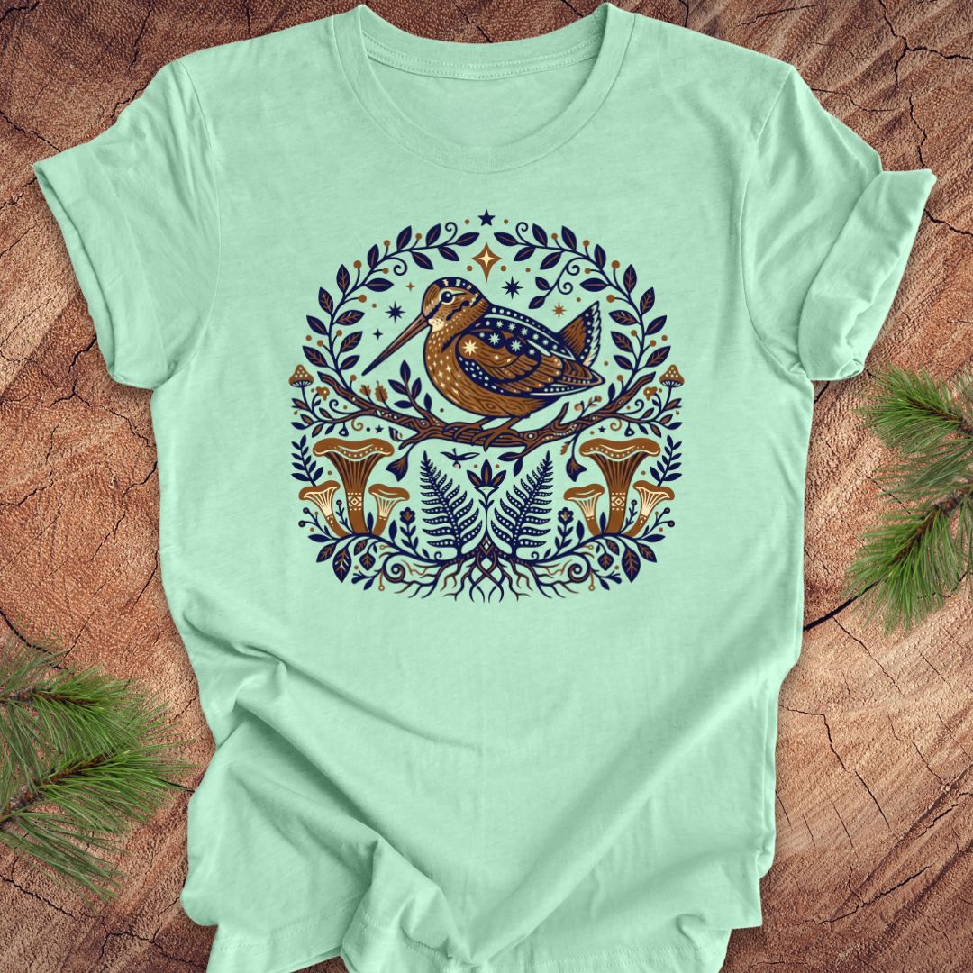 Light green t-shirt with a woodcock and mushroom design on a wooden surface