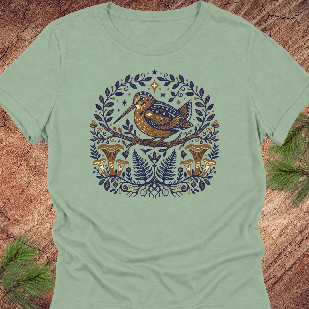 A sage green short-sleeve t-shirt featuring a detailed circular graphic of a brown bird with blue spots, surrounded by blue ferns, leaves, and orange-brown mushrooms, laid flat on a rustic wood background with pine branches.
