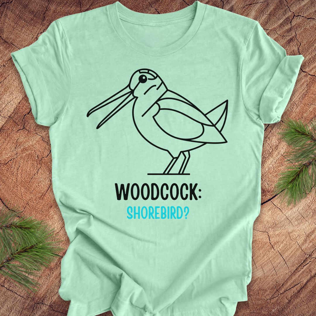 A mint green short-sleeve t-shirt laid flat on a rustic wood background with pine branches in the corners. The shirt features a black line art graphic of a woodcock and the text 'WOODCOCK: SHOREBIRD?' in black and light blue.