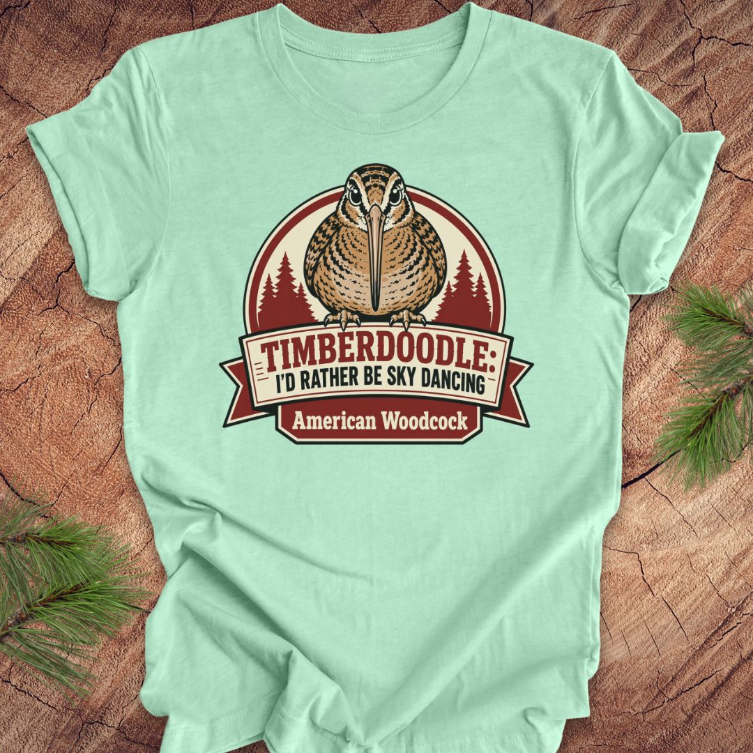A mint green short-sleeve t-shirt with a vintage-style graphic of an American Woodcock bird and the text 'TIMBERDOOLE: I'D RATHER BE SKY DANCING' and 'American Woodcock', laid flat on a rustic wood background with pine branches.