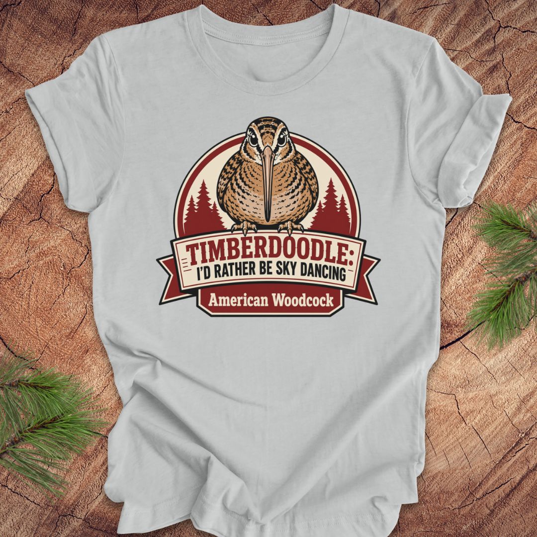 A light gray short-sleeve t-shirt laid flat on a rustic wood background, featuring a graphic of an American woodcock with the text 'TIMBERDOODLE: I'D RATHER BE SKY DANCING' and 'American Woodcock'.