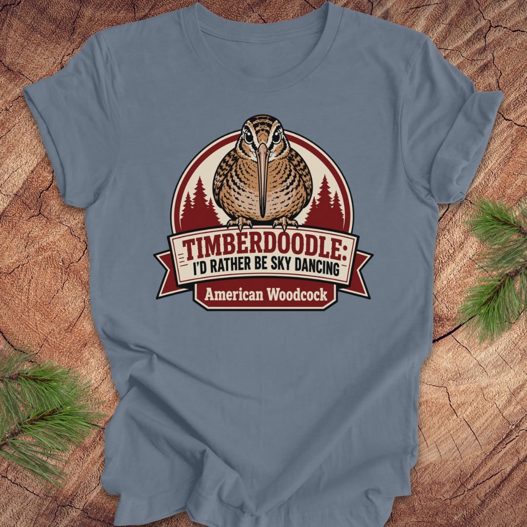 A slate blue crewneck t-shirt featuring a graphic of an American Woodcock bird with pine trees, displayed on a rustic wood background with pine needles.