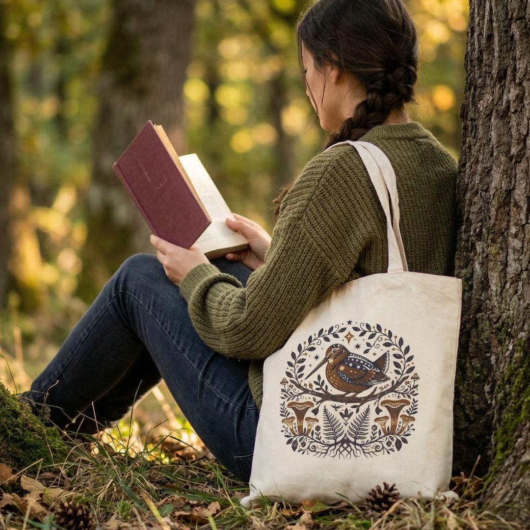 Person reading a book in a forest with a tote bag featuring nature-themed design.