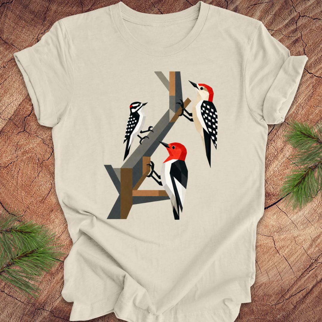 Beige t-shirt with woodpecker design on a wooden surface