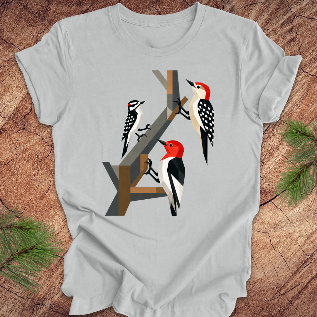 Gray t-shirt with woodpecker design on a wooden surface