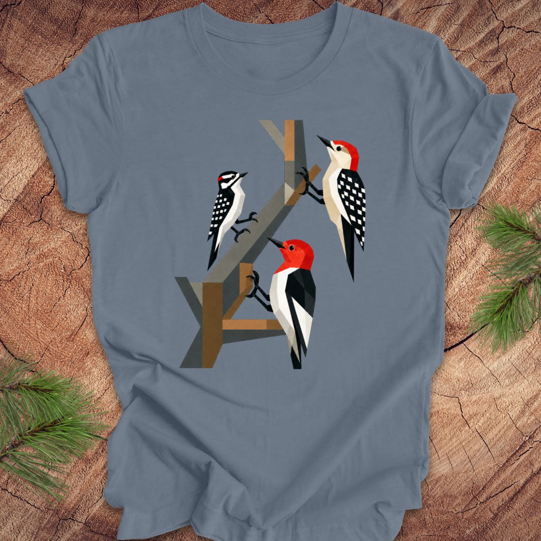Blue t-shirt with woodpecker design on a wooden surface