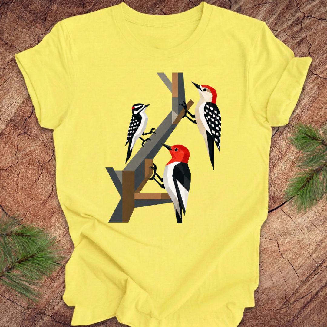 Yellow t-shirt with woodpecker design on a wooden surface
