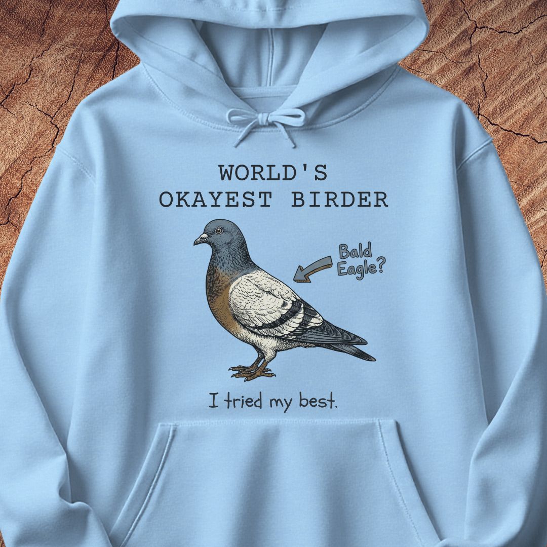 A light blue hoodie laid flat on a textured brown wood background, featuring a printed illustration of a pigeon with the text 'WORLD'S OKAYEST BIRDER' above and 'I tried my best.' below, plus a small arrow reading 'Bald Eagle?'.