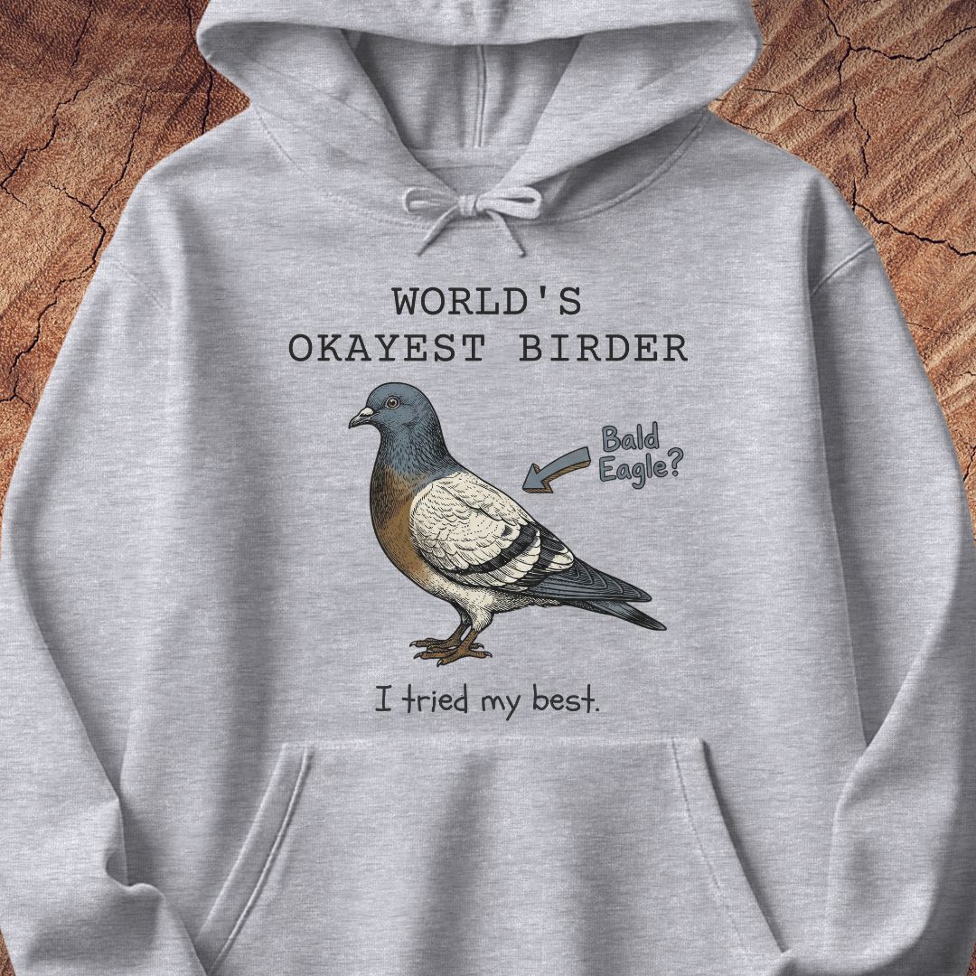 A light gray pullover hoodie with a graphic of a pigeon and the text 'WORLD'S OKAYEST BIRDER' and 'I tried my best.' with an arrow pointing to the bird that says 'Bald Eagle?'.