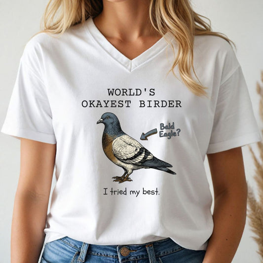 Person wearing a white t-shirt with a pigeon graphic and text.