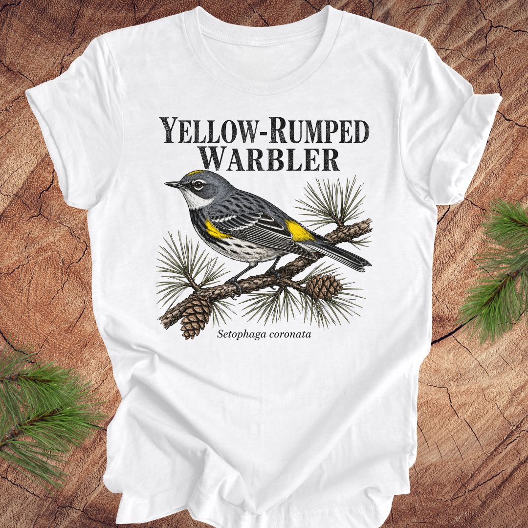 White t-shirt with yellow-rumped warbler graphic and text on a wooden surface.